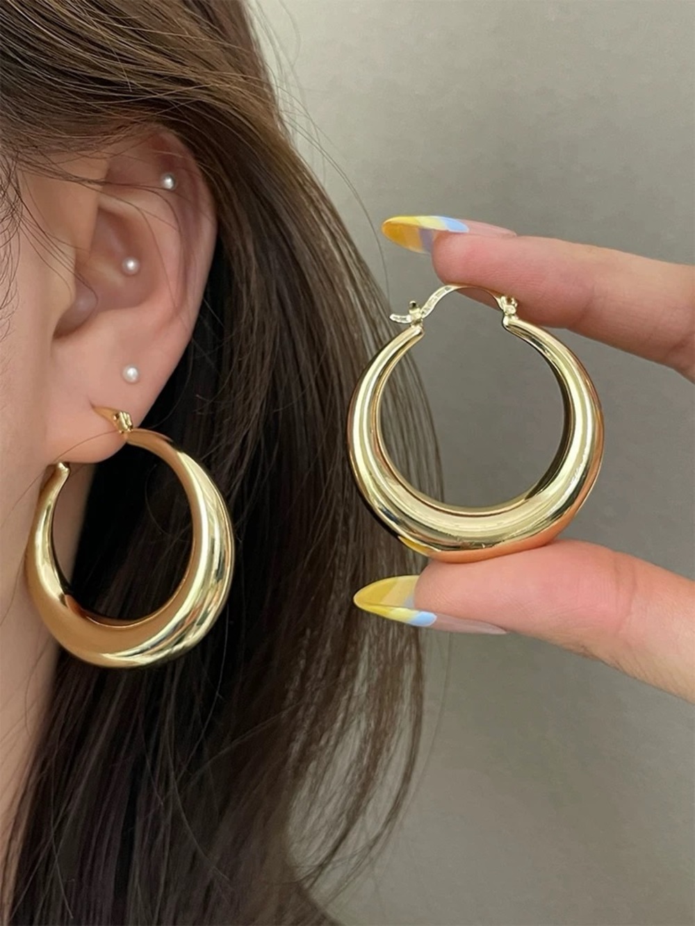 Gold Tone Chunky Hoop Earrings 3.5cm with 925 Sterling Silver Posts